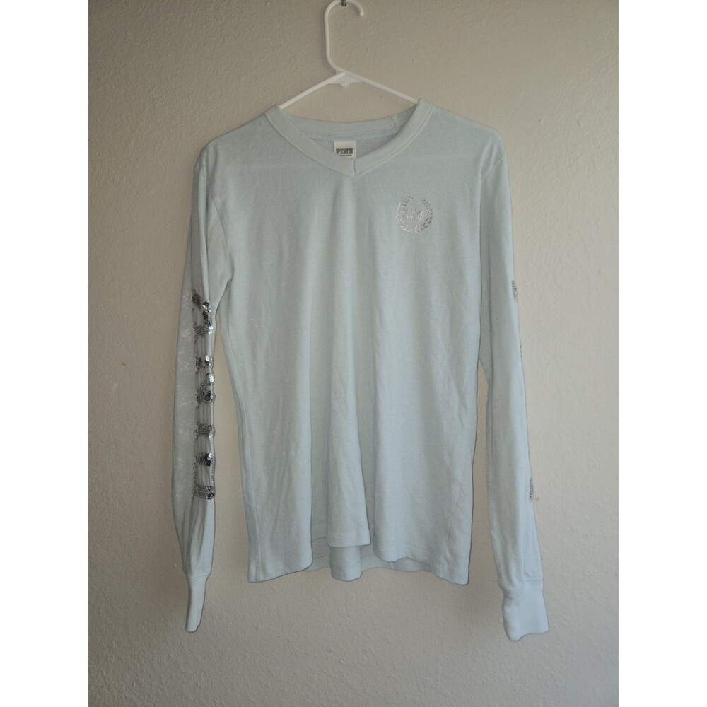 PINK Victoria's Secret Light Blue Sequin Long Sleeve V-Neck Shirt XS 17x24
